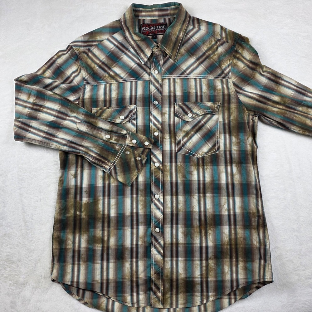 Rock & Roll Cowboy Pearl Snap Shirt Mens L Teal Brown Plaid Tie Dye Excellent